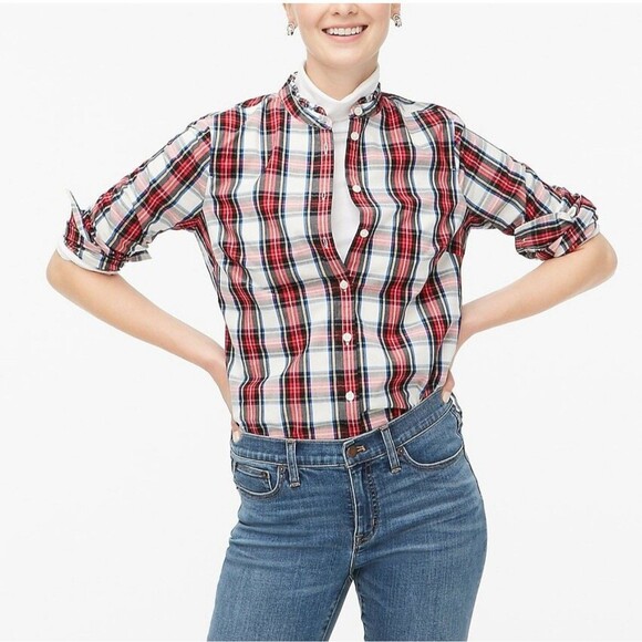J CREW Small Red Tartan Plaid Button Down Blouse Ruffed Mock Neck - Picture 1 of 8